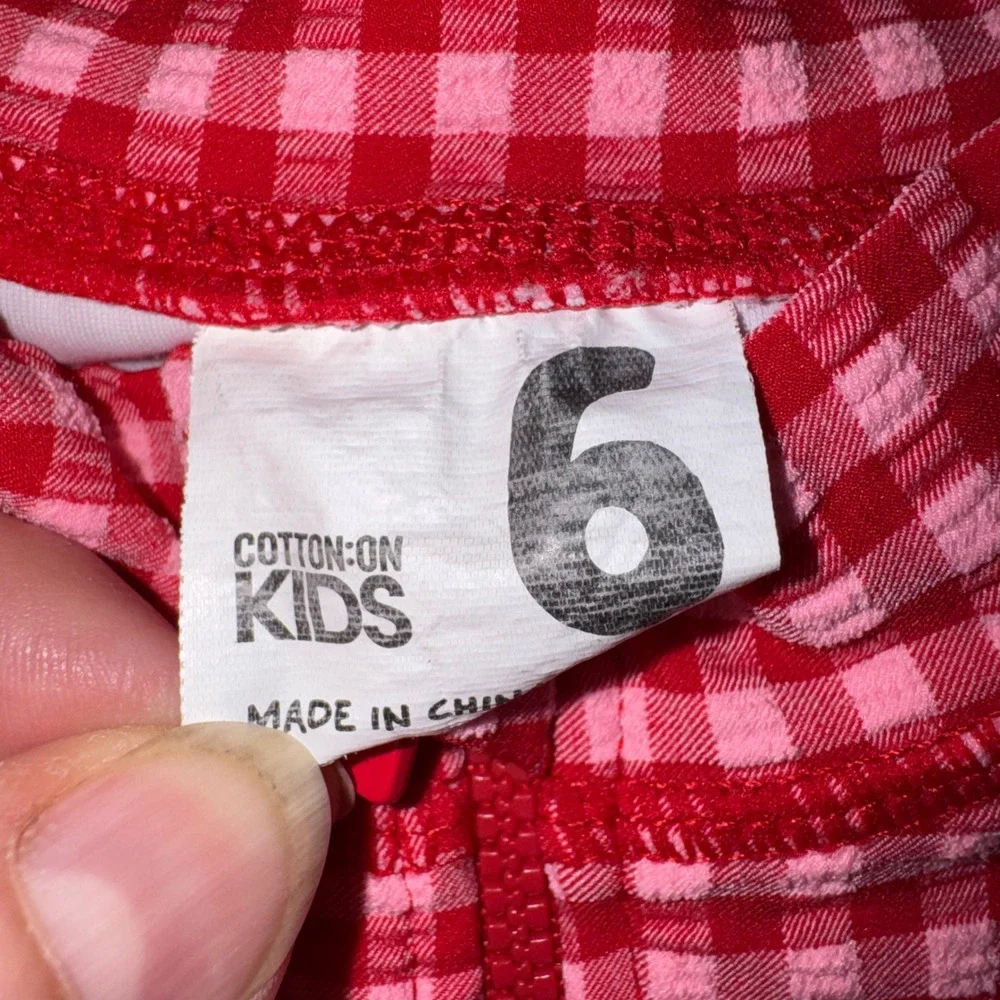 Cotton On Kids Swimsuit Set Girls 6 Green Red Fruit Gingham Long Sleeve 2pc